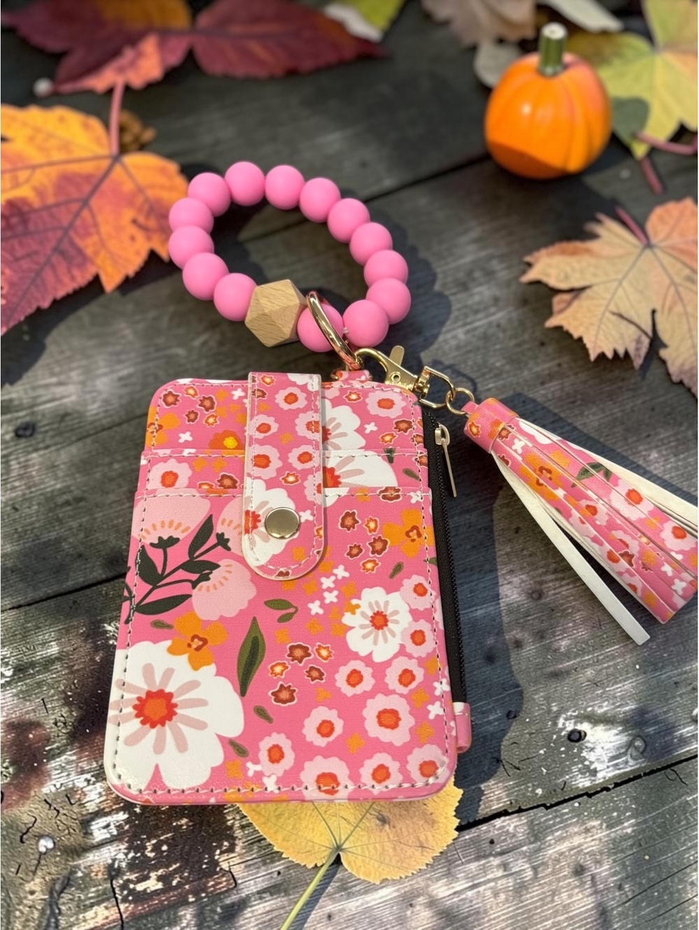 Pink Floral Card Wallet ID Holder Beaded Wristlet Keychain Tassel Set